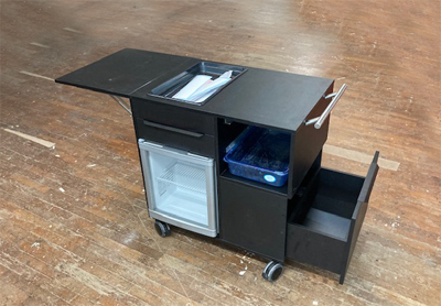 Theke Servierwagen Barkeeper mit integriertem Abfallsammler und ausklappbarer Arbeitsfläche