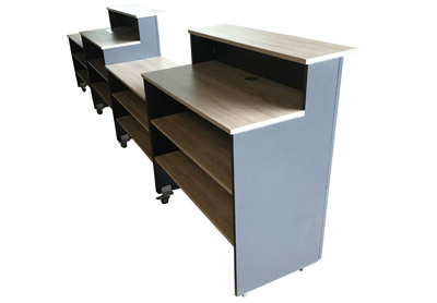 Messetheke Thekenanlage Flex Kunststoff grau Dekorholz rollbar